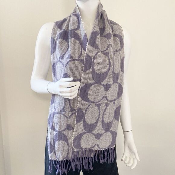 Coach Purple and Gray Logo Patterned Women's Scarf Wool & Cashmere Blend